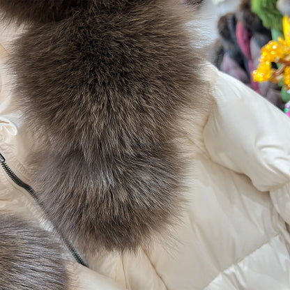 Women Winter Long Down Jacket Genuine Fox Fur Large Collar Hooded Slim Fit Waist Belt Warm Fashion Versatile Casual Winter Coat