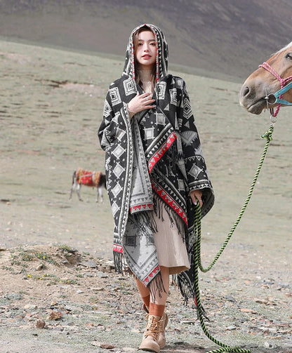 GypsyLady Bohemian Vintage Chic Cloaks Capes Hooded Blue Women Autumn Warm Knitted Ethnic Capes Tassels Cloak Poncho Outwear New
