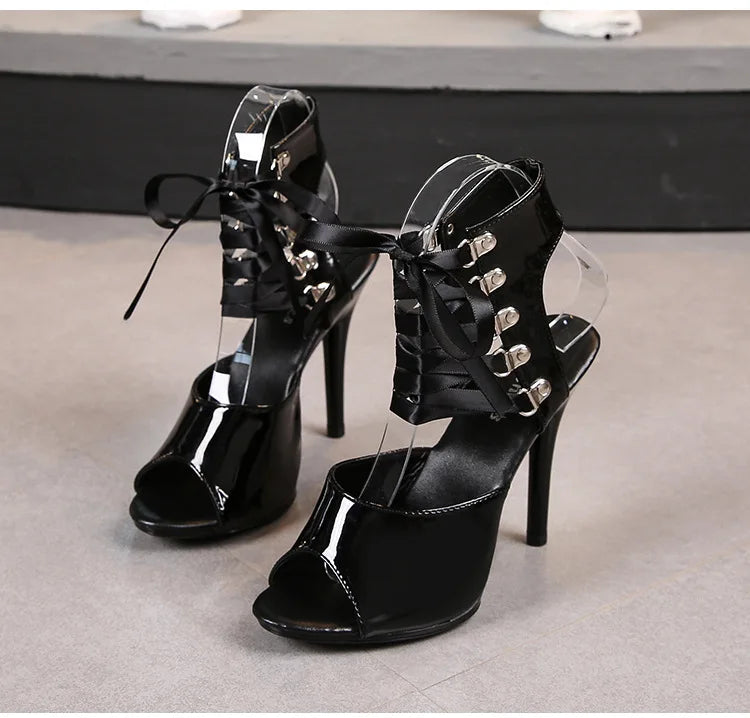 2025 New Sexy Pink High Heels 11cm Women's Shoes Fine Heels Round Head Ladies Pumps Ankle Lace-up Buckle Sandals Nightclub Shoes