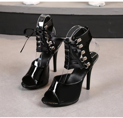 2025 New Sexy Pink High Heels 11cm Women's Shoes Fine Heels Round Head Ladies Pumps Ankle Lace-up Buckle Sandals Nightclub Shoes