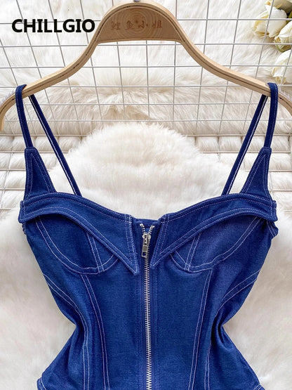 CHILLGIO Women Denim Overalls Fashion Slim Bodysuits One Piece Combination Onesie Zipper Strappy Rompers Summer Sexy Catsuits