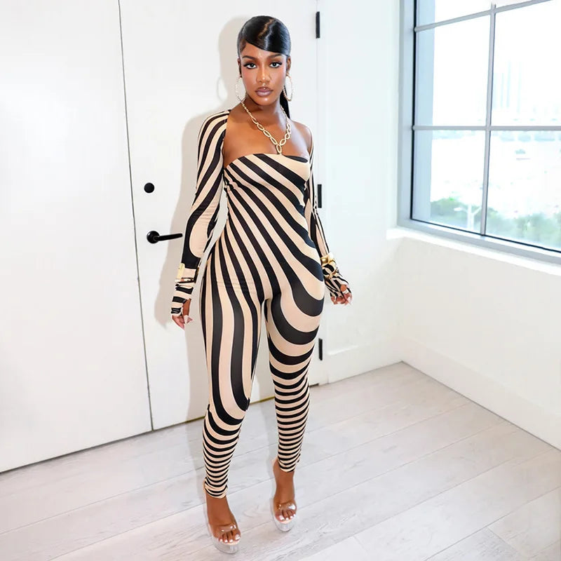 FAGADOER Women Striped Print 2 Piece Set Strapless Bodycon Jumpsuit + Long Sleeve Shrug Matching Tracksuits Club Y2K Streetwear