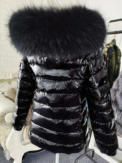 Maomaokong Winter Jacket Women Real Fur Coat Parkas Duck Down Lining Coat Real Raccoon Fur Collar Warm Black Streetwear