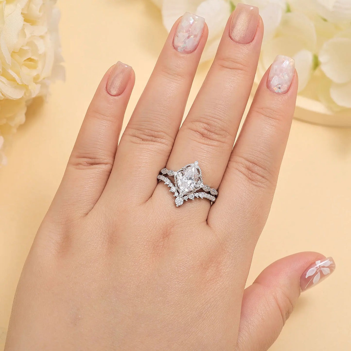 Newshe Moissanite Wedding Rings for Women 925 Sterling Silver Engagement Ring Bridal Set Pear Teardrop Shaped Wish Band