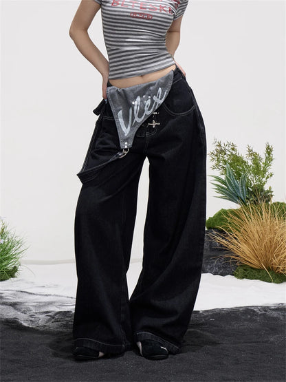 Women's Detachable Black Overalls Street Jumpsuits Wide Leg Sweatpants Straight Unisex Trousers High Waist Casual Baggy Pants