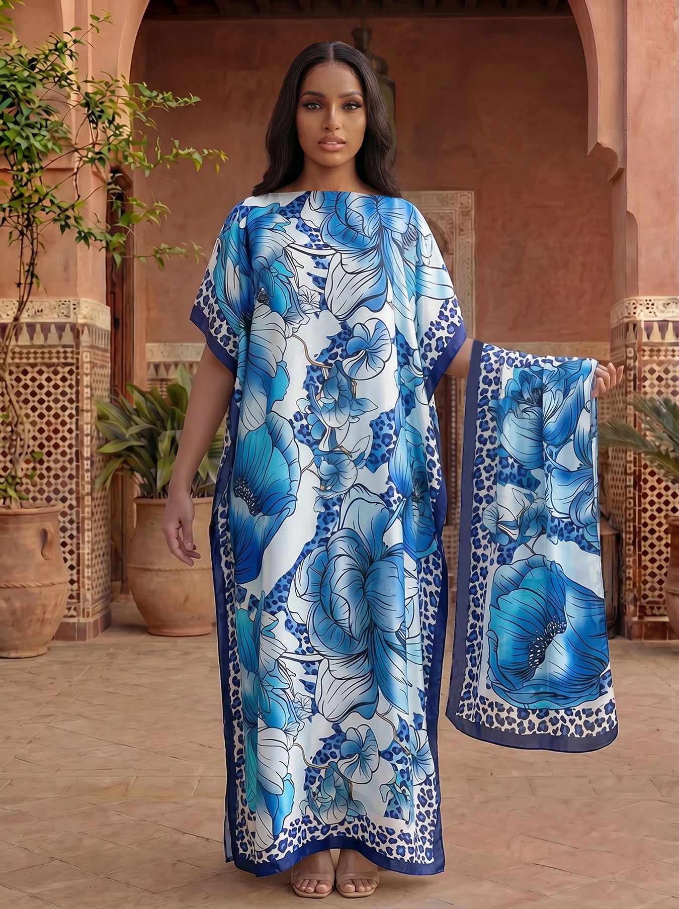 Leopard Border Big Floral Print Satin Abaya With Scarf, Loose Maxi Kaftan For Muslim Women Summer Beach Wear