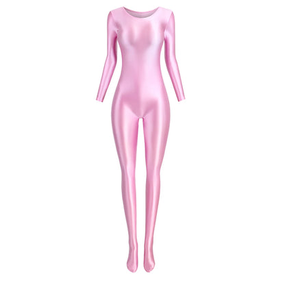MJINM Women Smooth Overalls Long Sleeve Tights Round Neck Full Length Stretch Zentai Bodysuits Yoga Fitness One Piece Jumpsuits