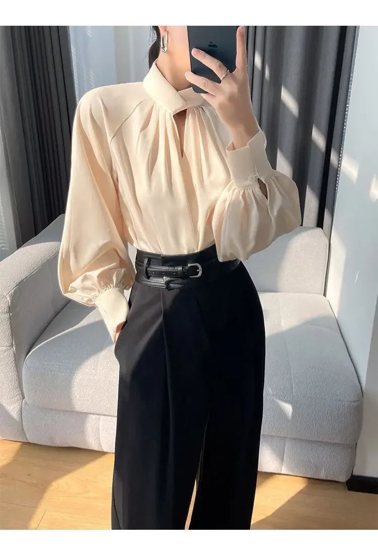 Women's Korean Fashion Hollow Ruffled Elegant Blouse Office Lady Stand Collar Business Casual Shirt Long Sleeve Solid Loose Tops
