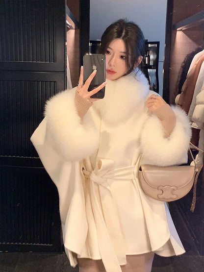 Real Fox Fur Overcoat Bat Sleeves Collar Woolen Coat Luxury Cashmere Poncho Blend Women Autumn Winter New Long Ribbon Cloak