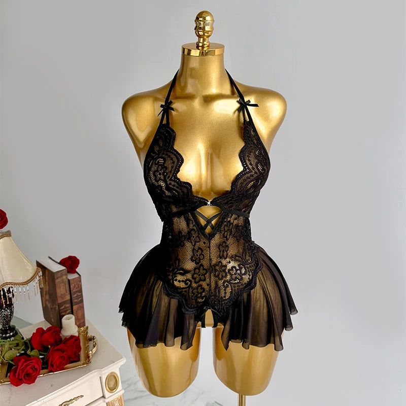 Sexy Crotchless Lingerie Women Lace Hollow Bodysuit Pajamas Teddy Babydolls Deep V Underwear
