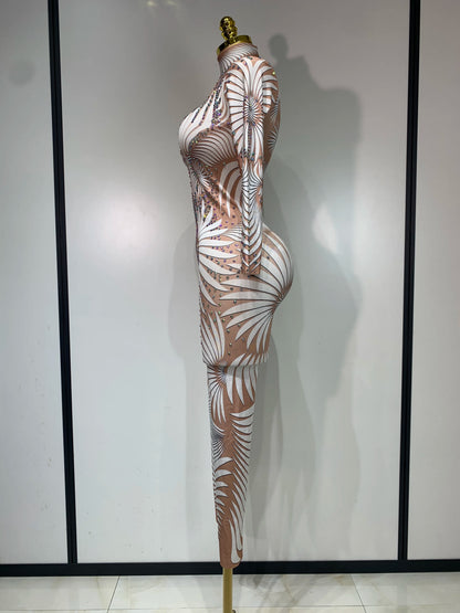 Women Sexy High Stretch Jumpsuit Long Sleeeve Holiday Party Cosplay Costume Nightclub Dancer Outfit Sparkly Diamond Stage Wear