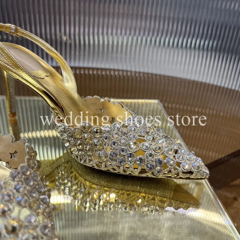 Handmade Metal Wire Braid Rhinestone Stiletto Glitter Crystal Sandals Pointed Sandals Wedding Luxury High Heel Party Women Shoes