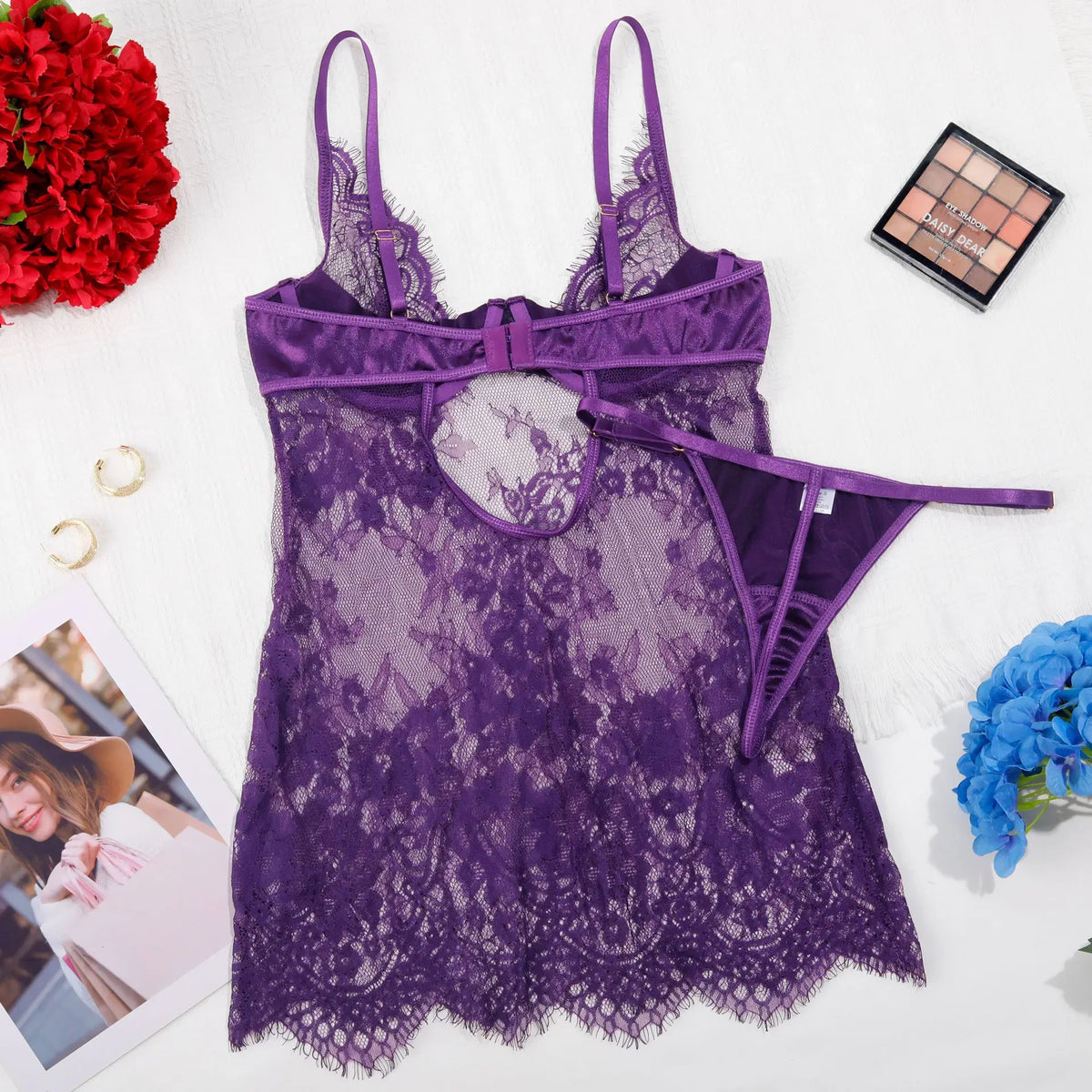 Ellolace Seductive Women's Casual Dresses Tempted Deep V Mini Dress Thong 2PC Hot Sheer Lace Lingerie Sexy Sensual Sleep Gown