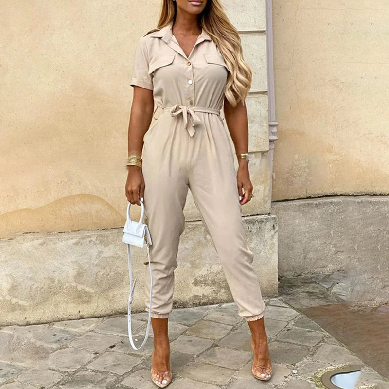 2025 New Women's Jumpsuit Casual Workwear Summer Romper with Print Button-up Lapel Waist Belt Slim Fit One Piece Pants Set Fashi