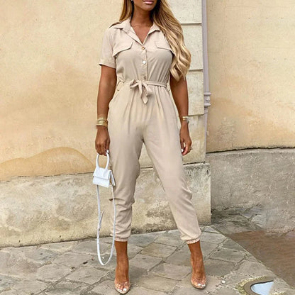 2025 New Women's Jumpsuit Casual Workwear Summer Romper with Print Button-up Lapel Waist Belt Slim Fit One Piece Pants Set Fashi