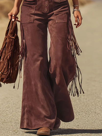 Western Vintage Solid Suede Tassel Female Jumpsuit Fashion Hollow Out Button Overalls 2026 Spring Strappy Bodysuit Woman Rompers