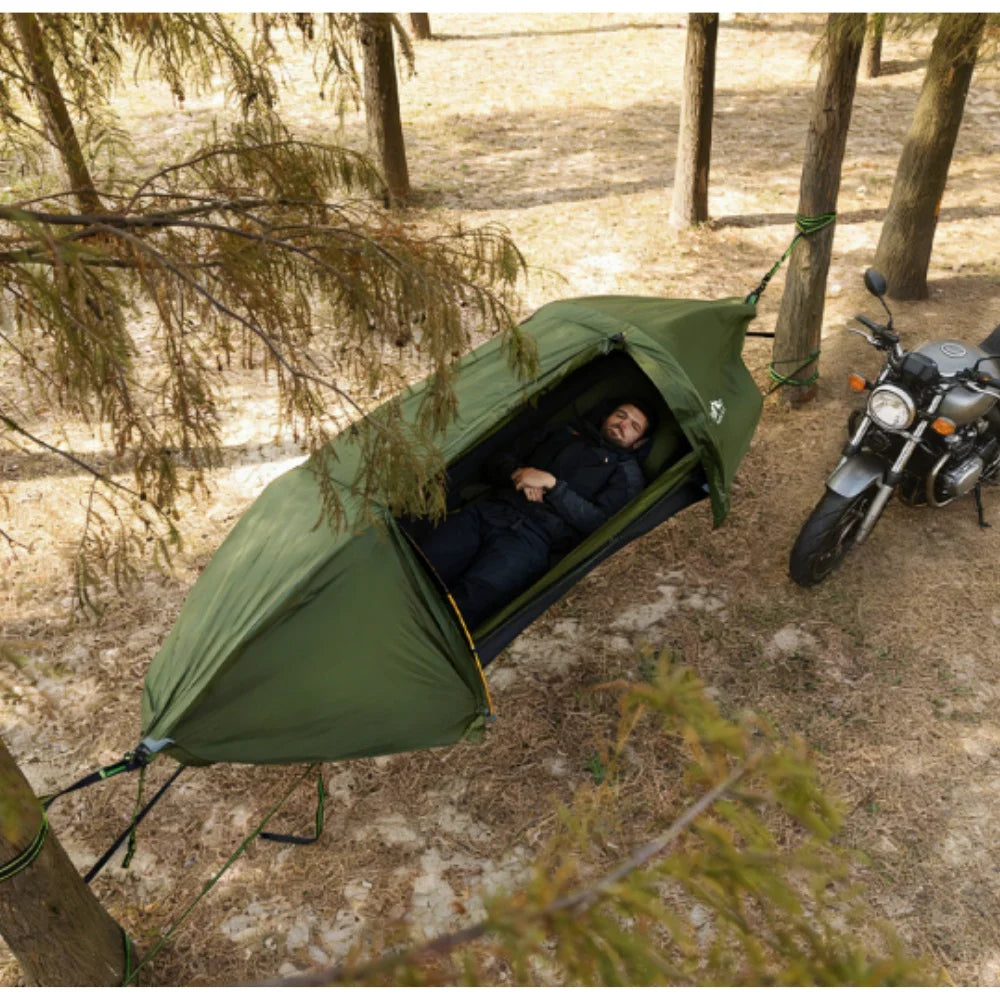 Night Cat Flat Lay Hammock Tent with Mosquito Net Sleeping Air Pad and Waterproof Rainfly for 1 Person Backpacking Hiking Camping Lightweight 330LBS 87x28x19in