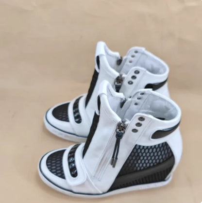 Mesh Net Height Increasing Ankle Boot 8CM Round Toe Hook Loop Leisure Shoes Zipper Rubber Sole Wedge Shoes Black White