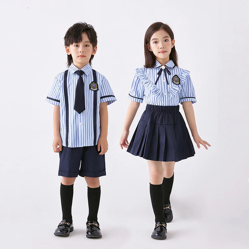 3 Pcs/set British Style Children Summer School Uniform Student Girl Pleated Skirts JK Suit Boys Shirt Shorts Performance Costume
