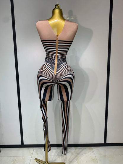 Women Long Sleeve Zebra Stripes Bodycon Jumpsuit Two Piece Set Birthday Party Nightclub Stage Performance Halloween Rompers
