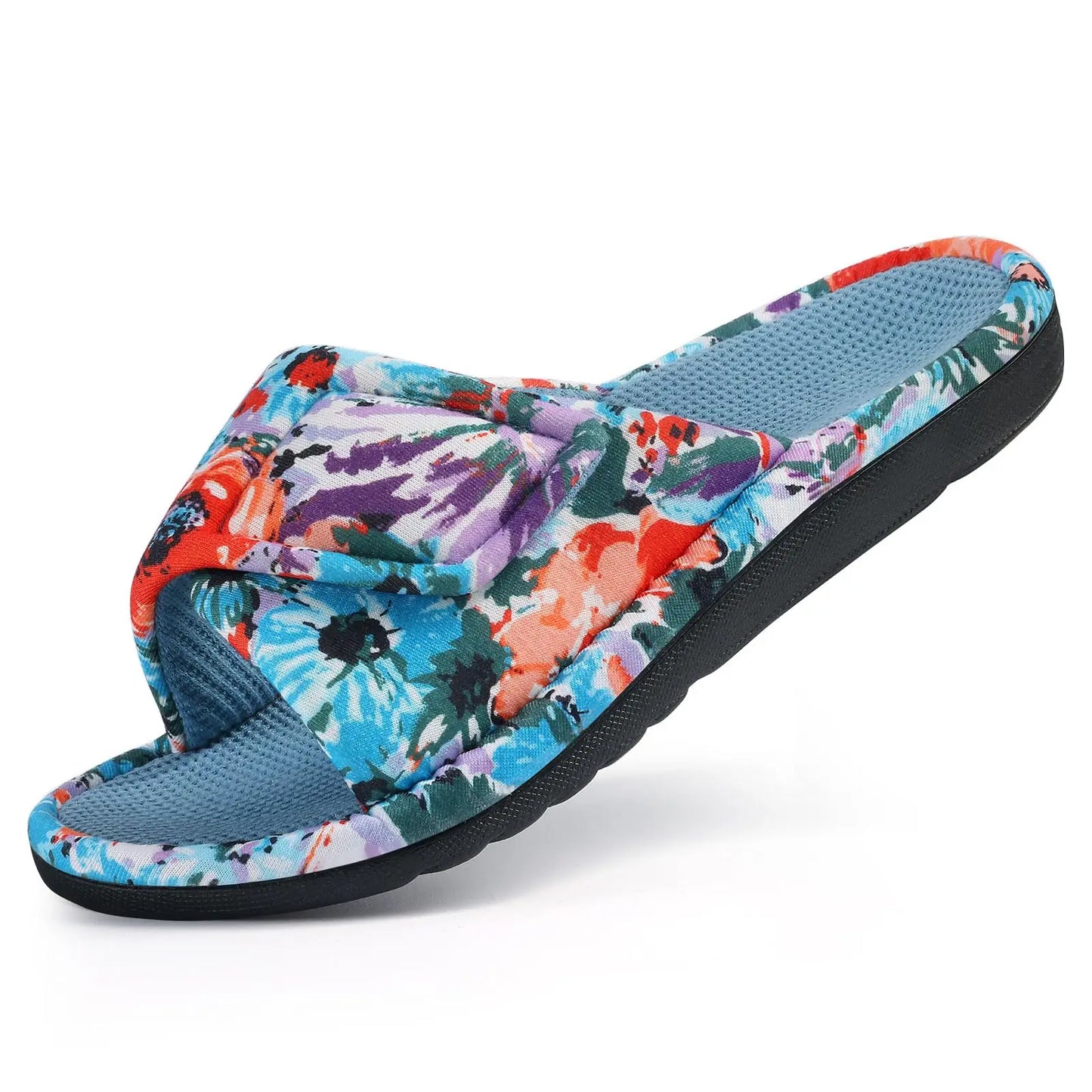 Litfun Winter Cotton Waffle Slippers For Women Breathable Indoor Adjustable Slides Slip On Open Toe Slippers With Arch Support