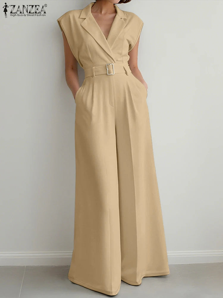 Stylish Office OL Overalls Pant ZANZEA Fashion Women Jumpsuits Summer Lapel Sleeveless Rompers Solid Loose Wide Leg Trouser 2025