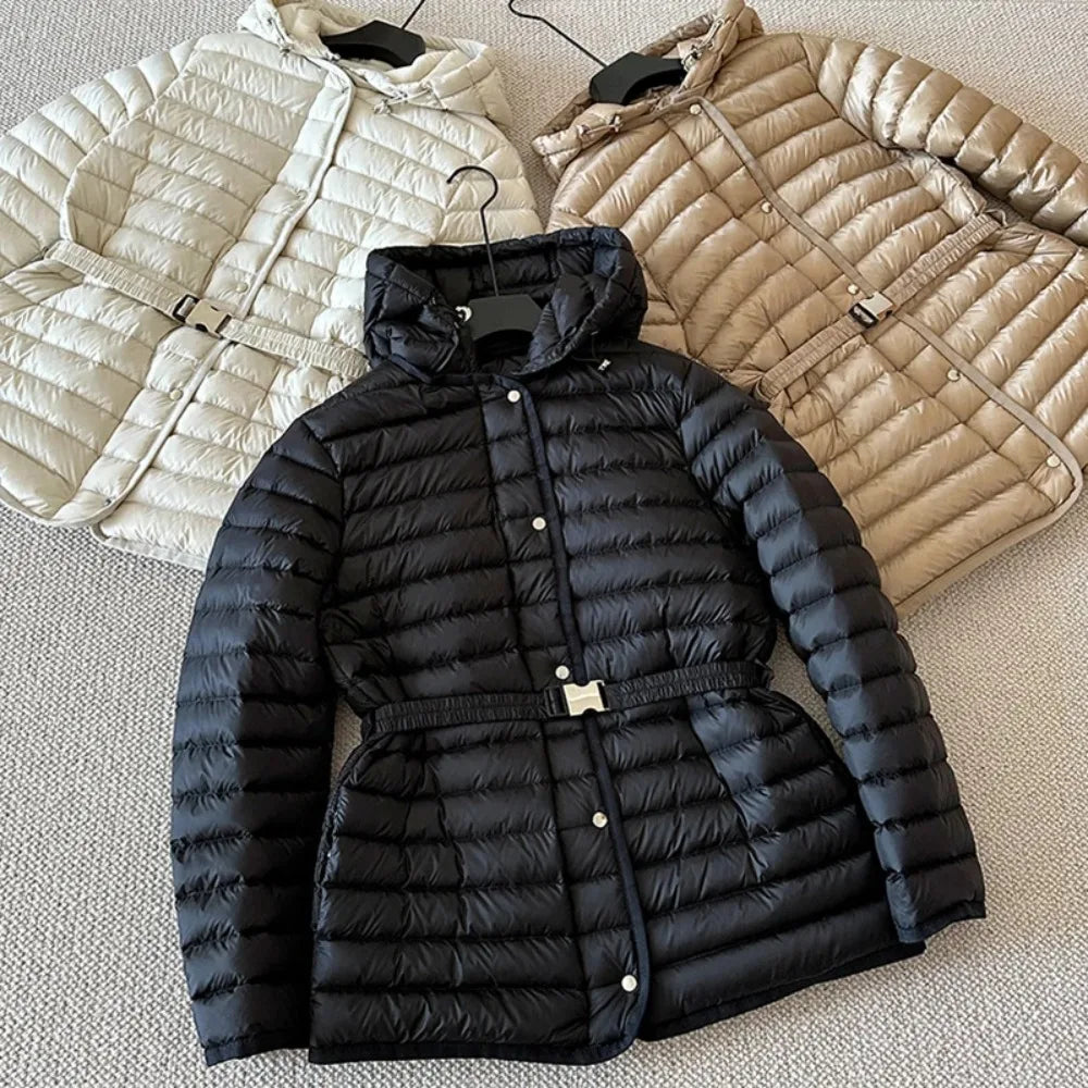 2025 Autumn Winter Luxury Lightweight Short Slim 90% White Duck Down Jacket Women Hooded Detachable Sash Warm Down Coat Fashion