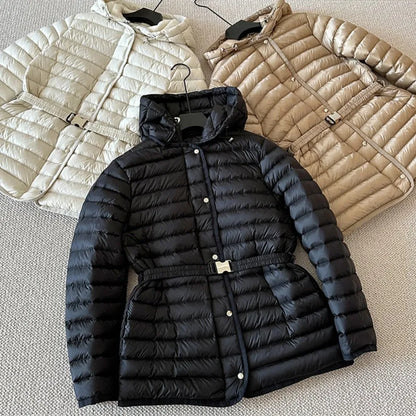 2025 Autumn Winter Luxury Lightweight Short Slim 90% White Duck Down Jacket Women Hooded Detachable Sash Warm Down Coat Fashion