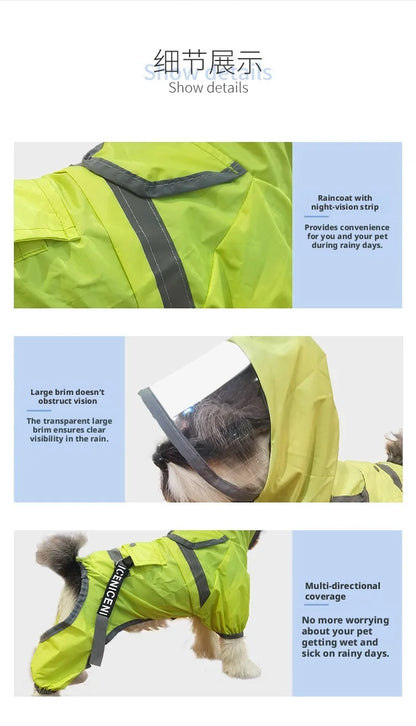 Reflective Dog Raincoat with Clear Hood, Waterproof 4-Legged Pet Rain Jacket for Small Medium Dogs