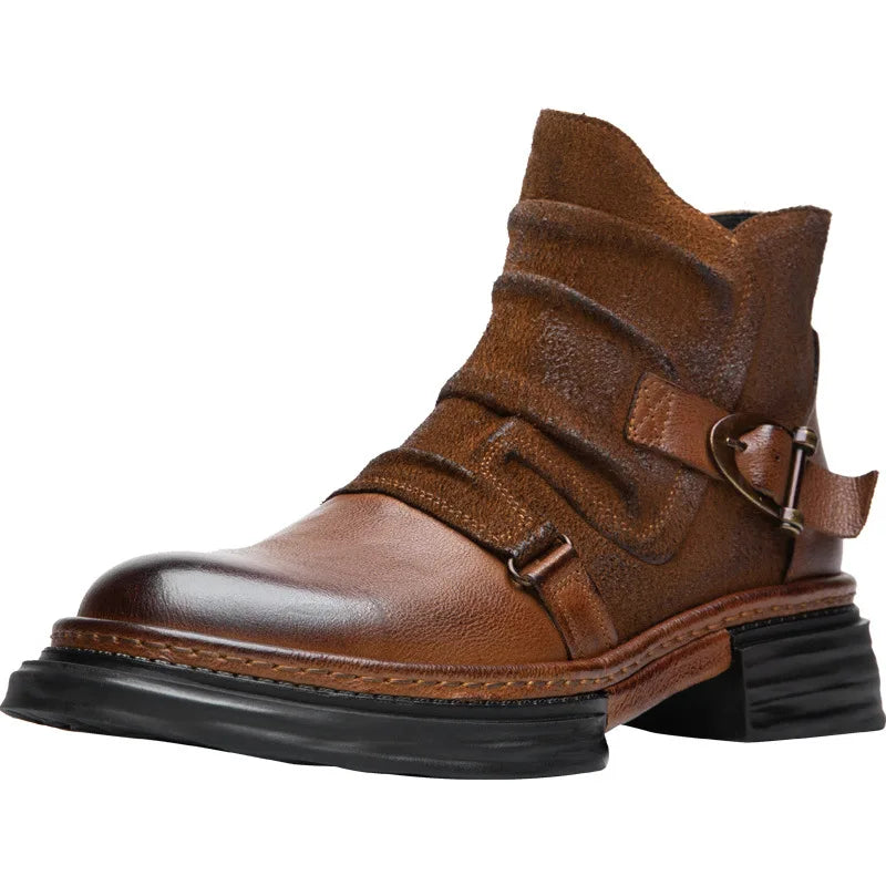 CLAIAMI Handmade Motorcycle Riding Boots Men Retro Cowhide Paratrooper Ankle Boots Platform Leather Zipper Men Shoe Botas Hombre