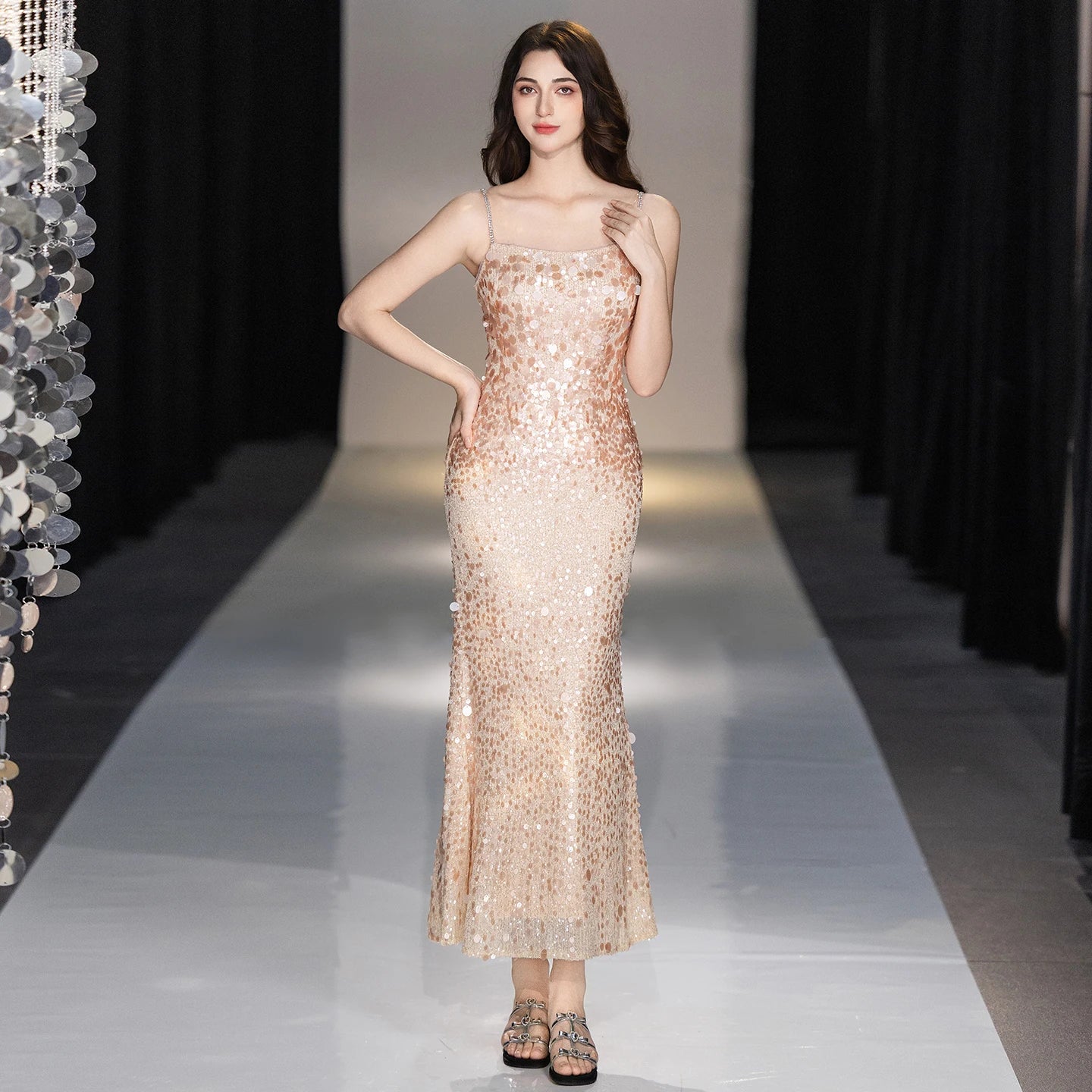 Champagne Rhinestone Spaghetti Strap Mermaid Evening Dress Big Sequins Chiffon Cape Neck Scarf Midi Wedding Guest Gown