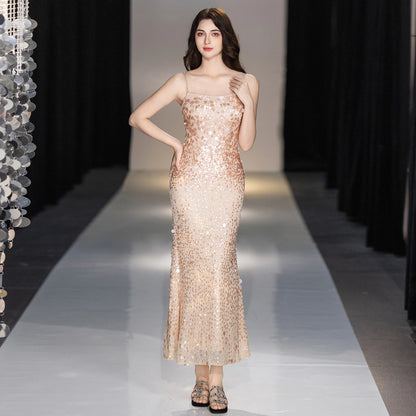 Champagne Rhinestone Spaghetti Strap Mermaid Evening Dress Big Sequins Chiffon Cape Neck Scarf Midi Wedding Guest Gown