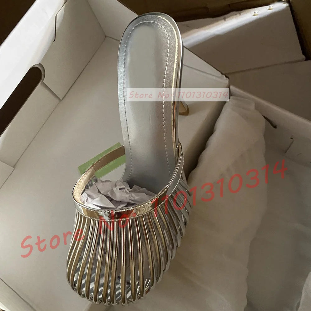 Cage Round Toe Metallic Mules Women New In Sexy Luxury High Heel Shoes Female Thin Strap 2023 Summer Elegant Chic Solid Slippers