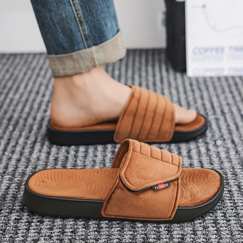 Fashion Men's Slippers Suede Cloth Non-Slip Casual Sandals Platform Soft Home Shoes Indoor Slides Outdoor Beach Shoes Flip-flop