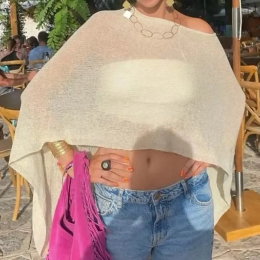 Casual Drop Shoulder Crochet Poncho Sweater Sheer Multi-wear Halter Shawl Irregular Knitted Cover-ups Vacation Outfits