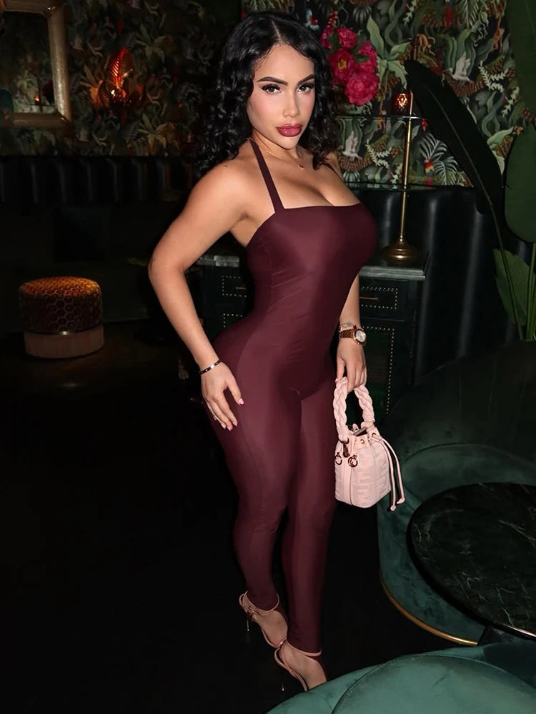 Weird Puss Hipster Backless Jumpsuit Women Halter Lace-Up Low Chest Sexy Solid Midnight Activity Stretch Slim Streetwear Overall