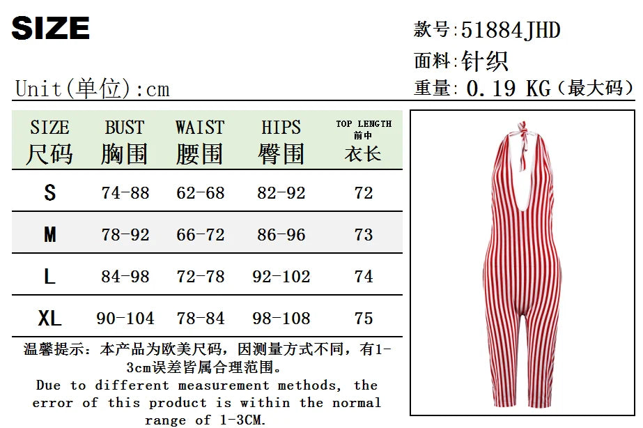 Weird Puss Stripe Print Playsuit Women Sleeveless Backless Halter Bandage Skinny Sexy Clubwear Activity Fitness Workout Romper