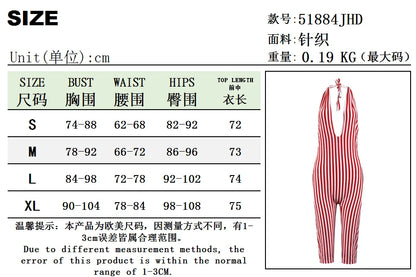 Weird Puss Stripe Print Playsuit Women Sleeveless Backless Halter Bandage Skinny Sexy Clubwear Activity Fitness Workout Romper