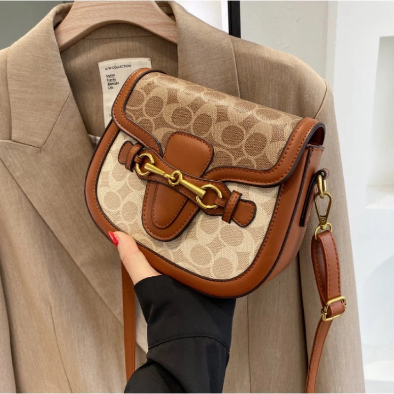 Women Retro Print Saddle Crossbody Bag Luxury Horse Bit Buckle Small Shoulder Bag Fashion PU Leather Ladies Daily Handbag
