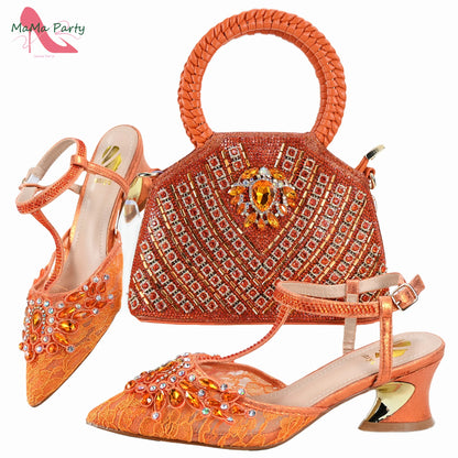 Purple Color New Arrivals Italian Design Nigerian Women Shoes and Bag Set Pointed Toe Slipper with Shinning Crystal for Party