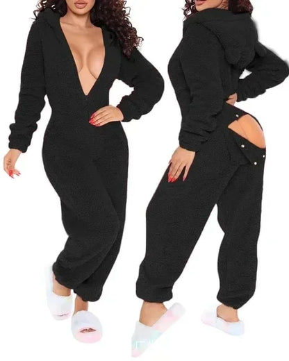 2025 Women's Winter Warm Onesies Fleece Romper Pajamas Solid Open Gear Long-Sleeve Zipper V Neck Hooded Sleepwear Sexy Homewear