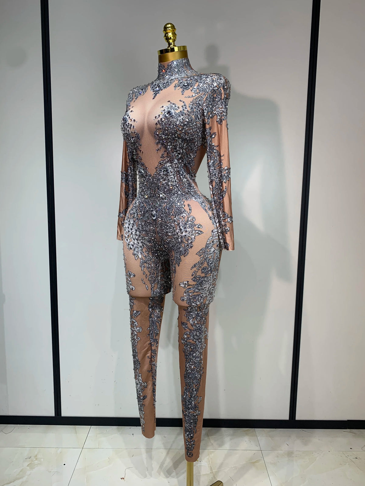 Sparkly Rhinestones Jumpsuit Fashion Sexy Stretch Dance Costume Nightclub Bodysuit Birthday Outfit Evening Party Leggings