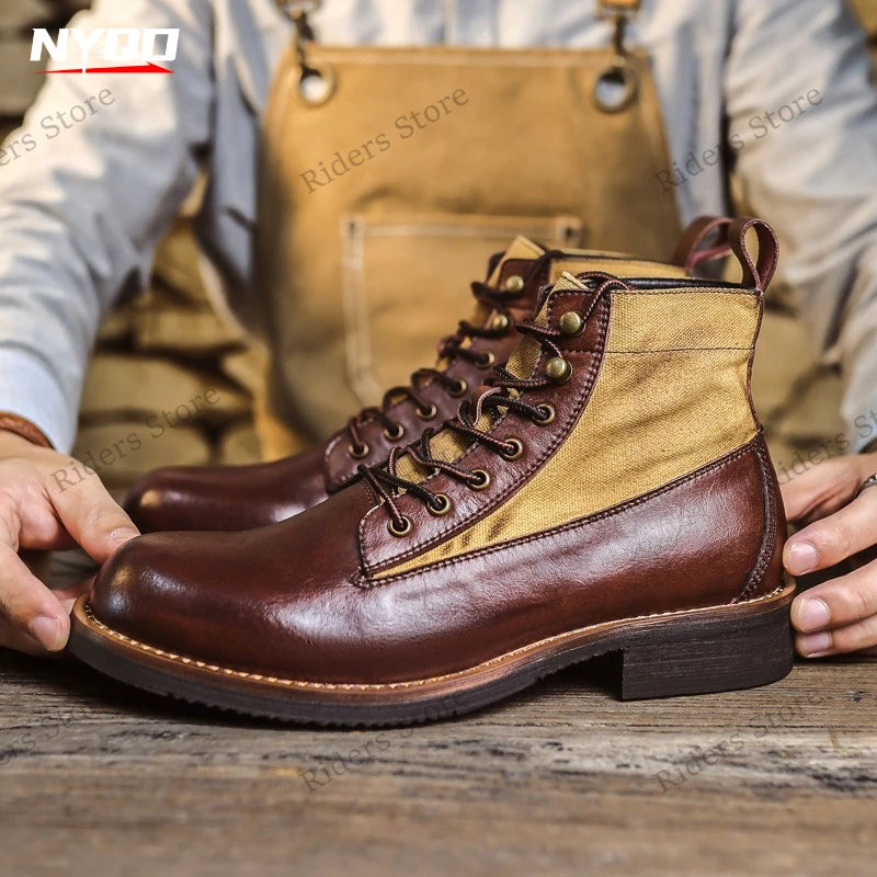 Men's Vintage Genuine Leather Motorcycle Boots, Round Toe British Style Work Ankle Boots