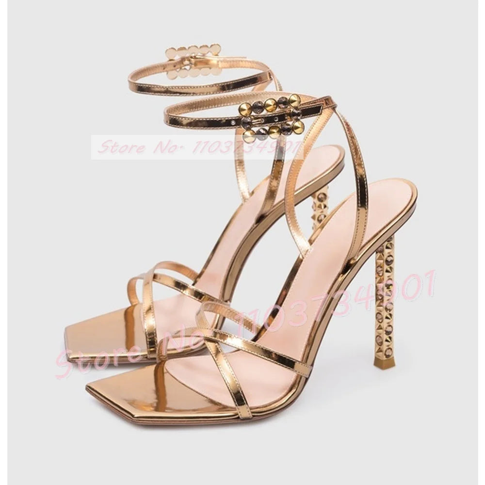 Metal Heels With Rivets Sandals Women Belt Buckle Square Toe Ankle Strap Stiletto Shoes Lady Sexy Luxury Party Elegant Sandals