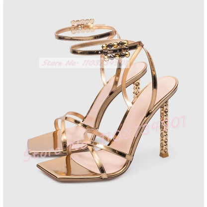 Metal Heels With Rivets Sandals Women Belt Buckle Square Toe Ankle Strap Stiletto Shoes Lady Sexy Luxury Party Elegant Sandals