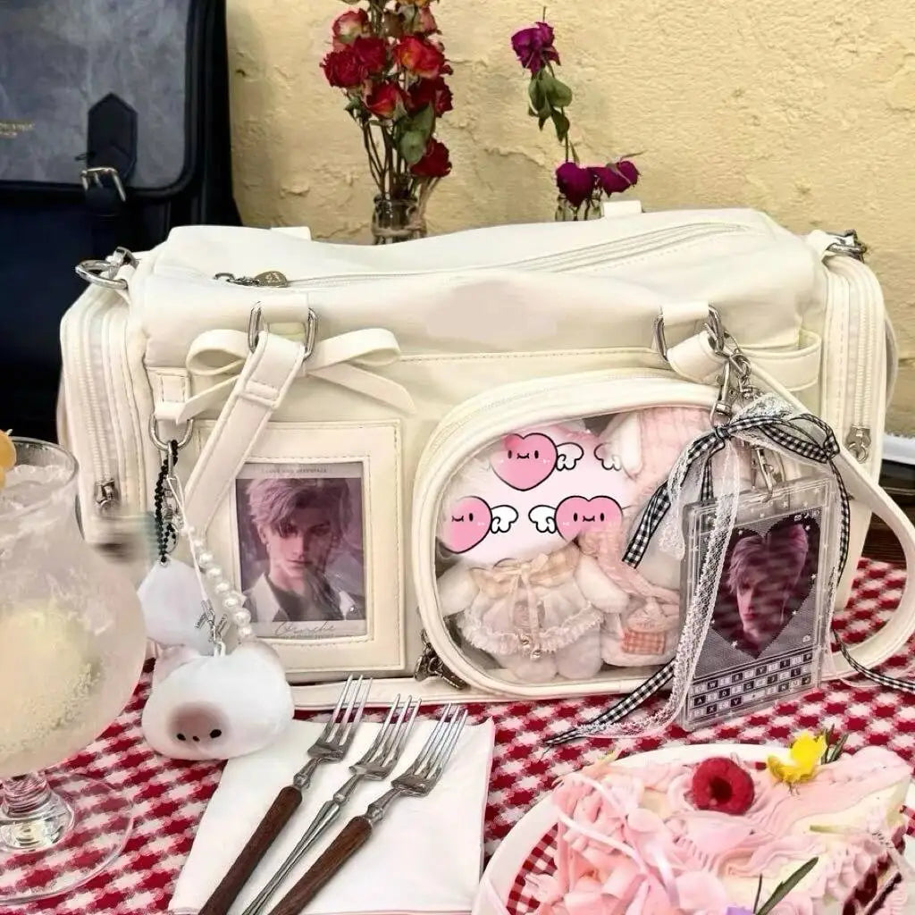 Y2K New Bow Ita Shoulder Bags Sweet Girl Transparent Bag Large Capacity Comic Exhibition Crossbody Bag Cute DIY Display Handbags