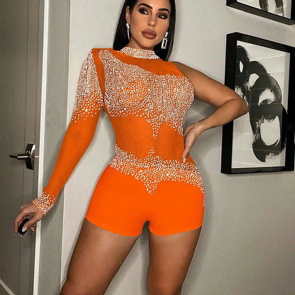 Sparkly Rhinestones Mesh Rompers Womens Jumpsuit Shorts Sexy Birthday Club Outfits One Sleeve Sheer Bodycon Playsuit Woman 2022