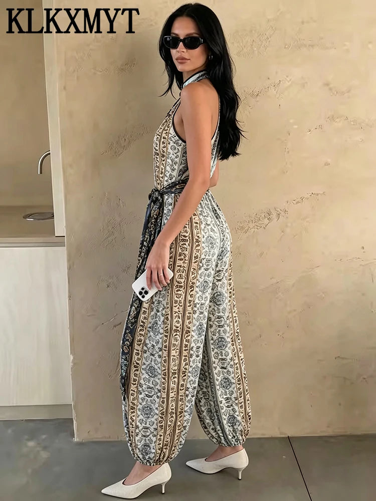 KLKXMYT New Vintage Print Jumpsuit For Women Lace-up Design Halter Neck Casual Outfit Fashion Backless Sexy Rompers ﻿ ﻿