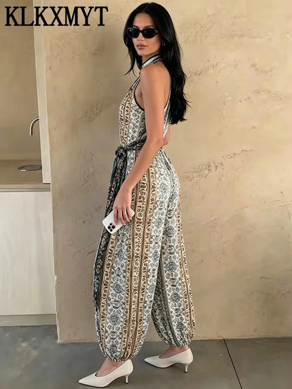 KLKXMYT New Vintage Print Jumpsuit For Women Lace-up Design Halter Neck Casual Outfit Fashion Backless Sexy Rompers ﻿ ﻿