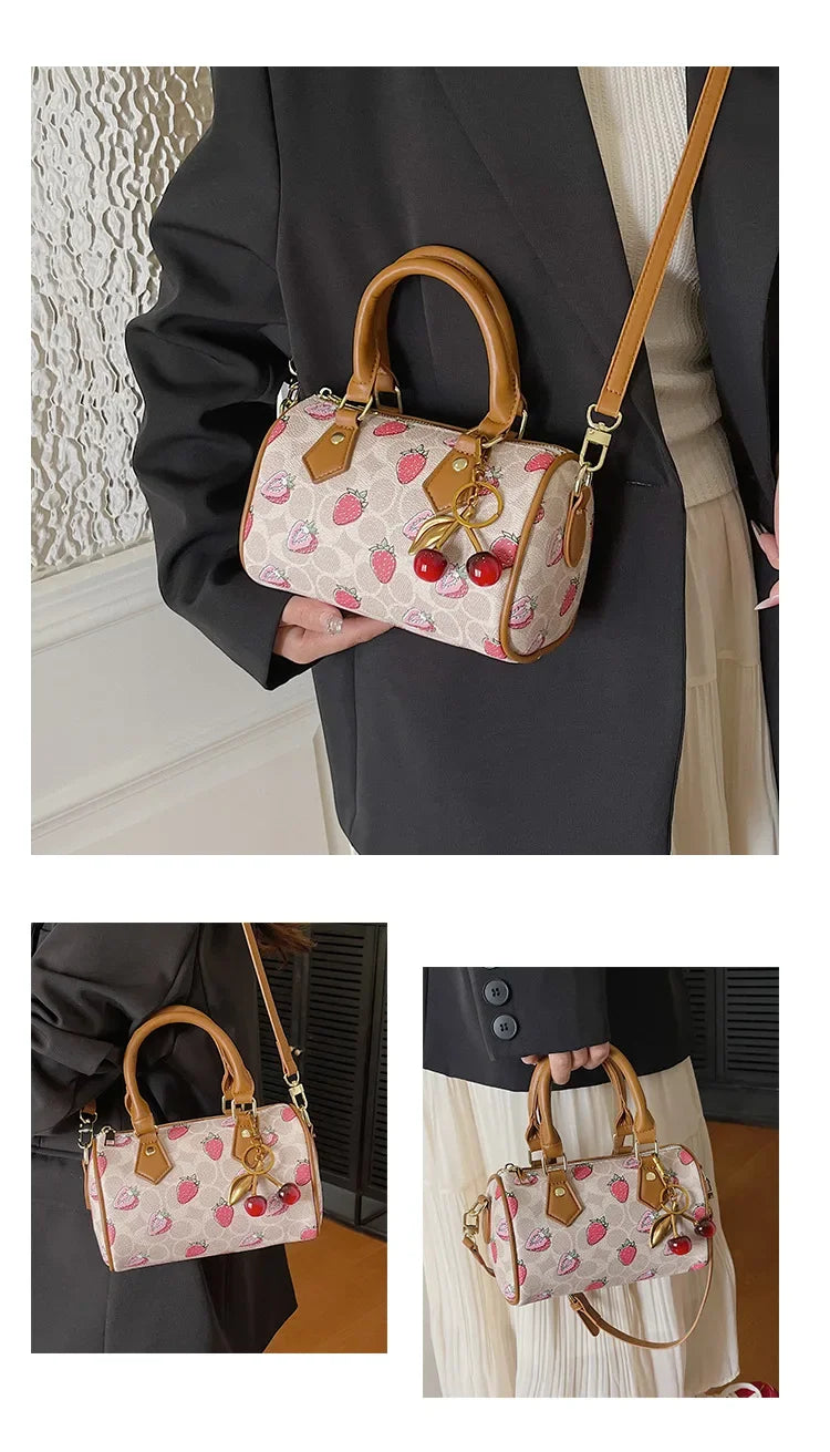 2026 Luxury Designers Crossbody Bags Cherry Pattern PU Leather Boston Handbag Shoulder Bags Bolsos Mujer Bags Woman Tote Bag